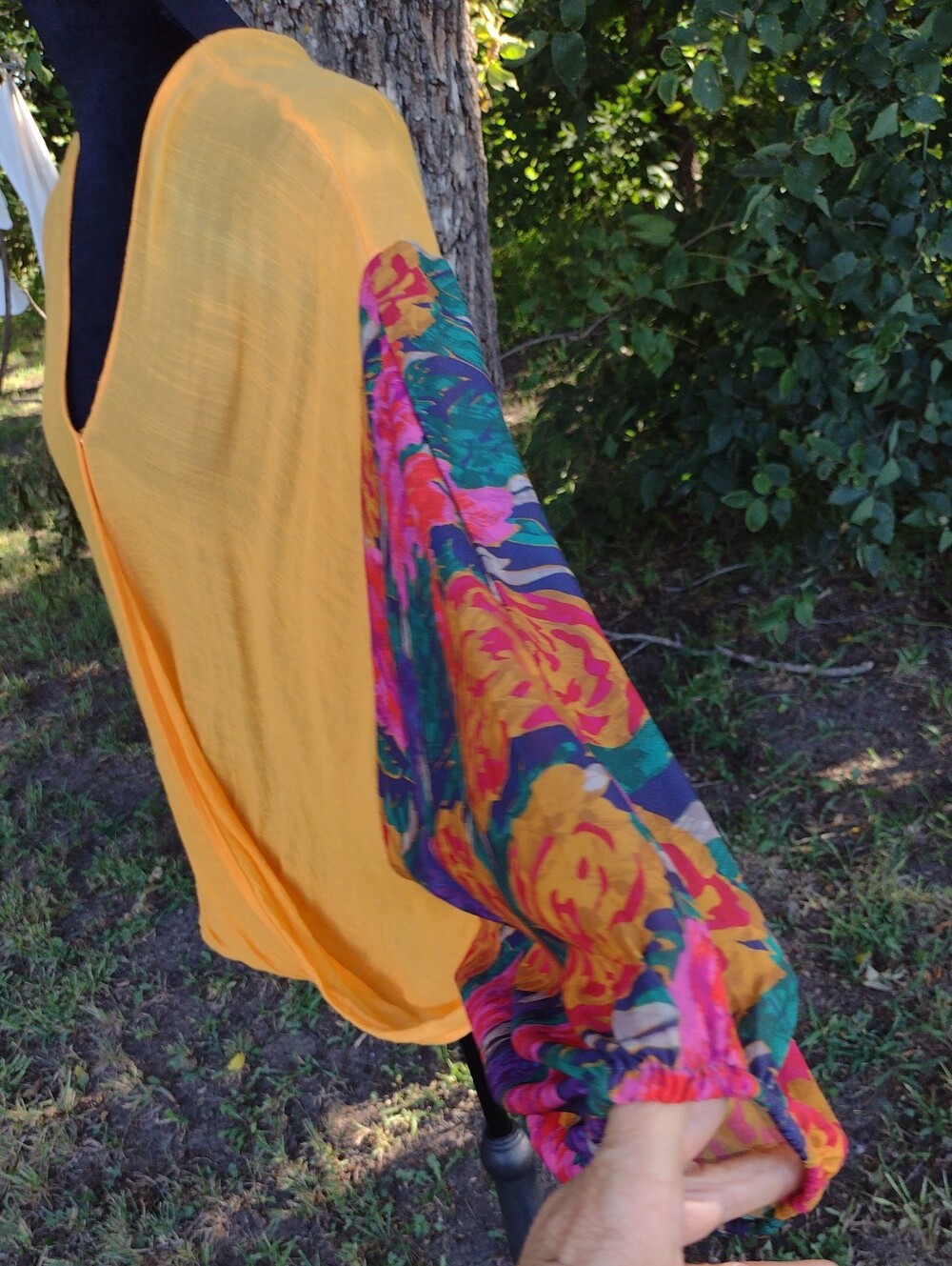 Umgee Yellow Wrap Front Blouse with Multicolor Floral Sheer Puffy Sleeves
